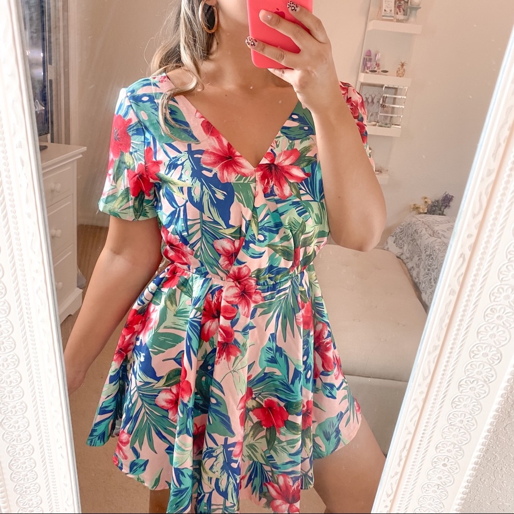 Women V Neck Short Sleeve Floral Print Ruffle Dress Size L